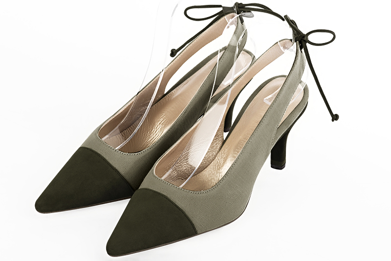 Khaki green women's slingback shoes. Pointed toe. Medium slim heel. Front view - Florence KOOIJMAN